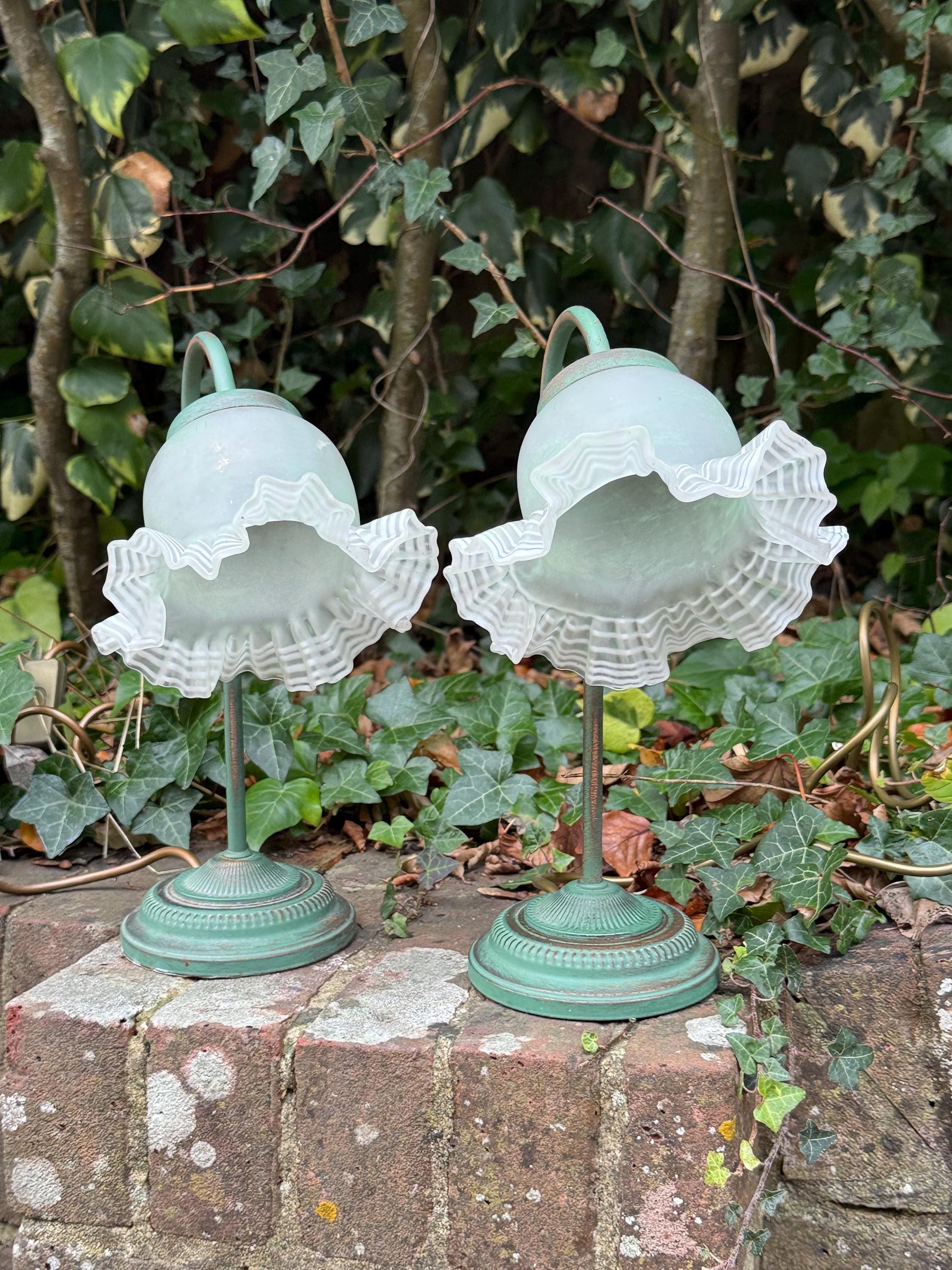 1980s Art Deco Revival Bedside Lights, Pair of Vintage BHS Ruffled Glass Table Lamps – Green Metal Base, Romantic Cottage Country Lighting