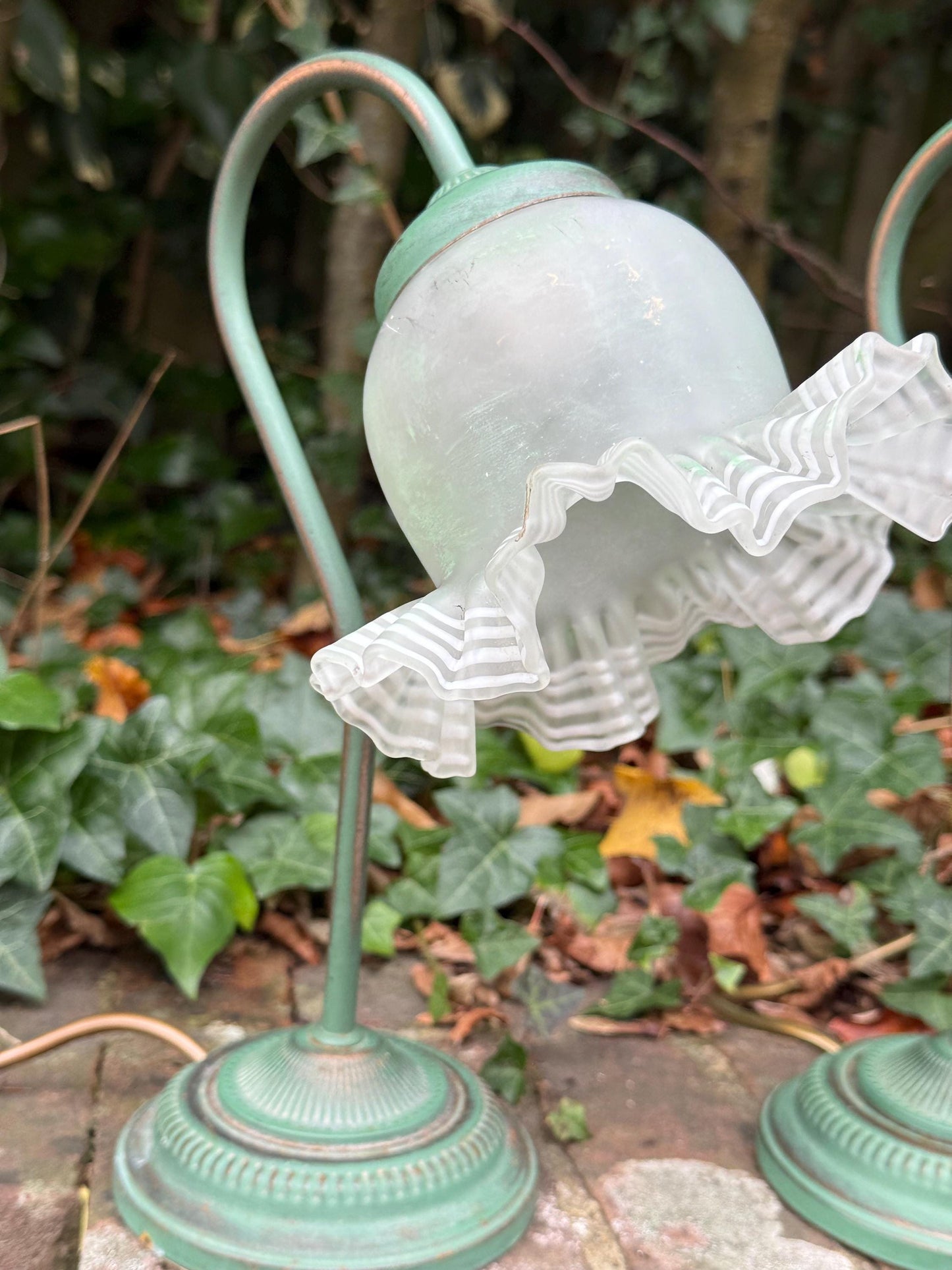 1980s Art Deco Revival Bedside Lights, Pair of Vintage BHS Ruffled Glass Table Lamps – Green Metal Base, Romantic Cottage Country Lighting