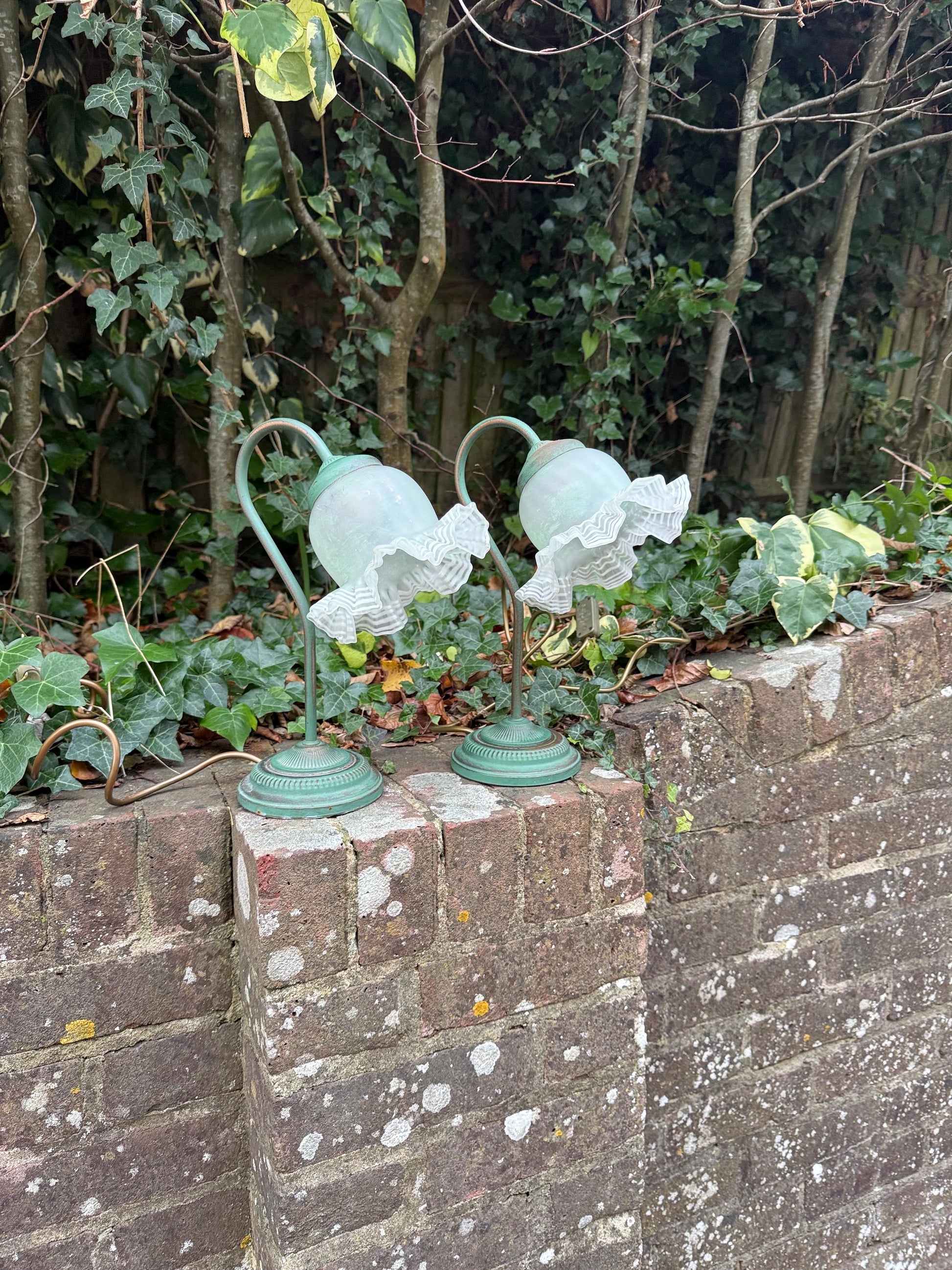 1980s Art Deco Revival Bedside Lights, Pair of Vintage BHS Ruffled Glass Table Lamps – Green Metal Base, Romantic Cottage Country Lighting