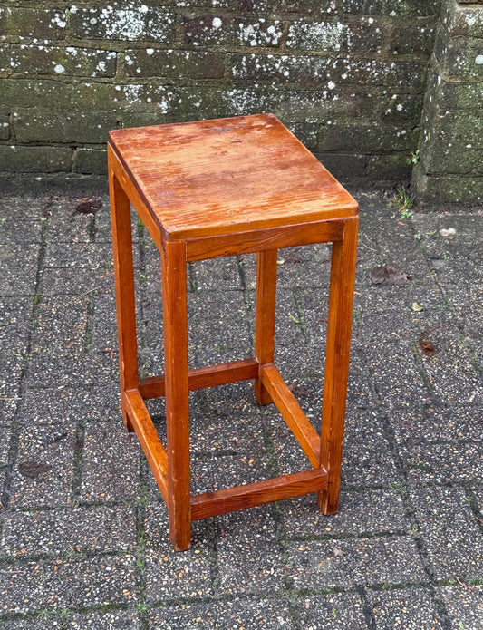 pine utilitarian stool for kitchen or garage. golden yellow pine stool. rectangular tall stool in pine.