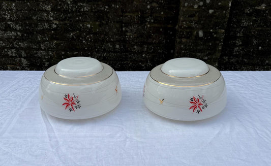 Authentic Pair of Vintage Frosted Glass Ceiling Light Shades with Floral Mid Century Detailing
