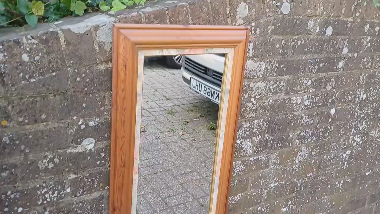 Large Classic Vintage 80s Pine Wall Mirror with Floral Flower Inset 77 x 46 cm