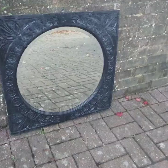 Large Vintage Very Early Oak Carved Mirror Painted Black