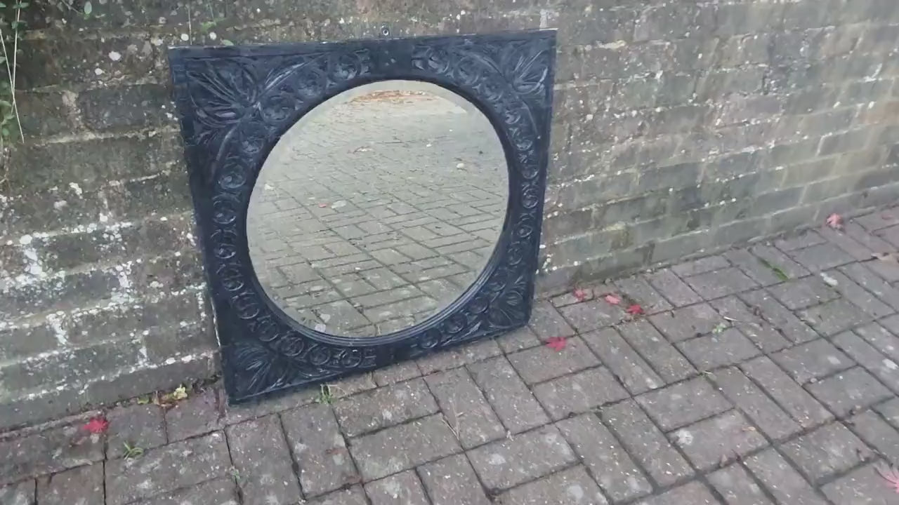 Large Vintage Very Early Oak Carved Mirror Painted Black