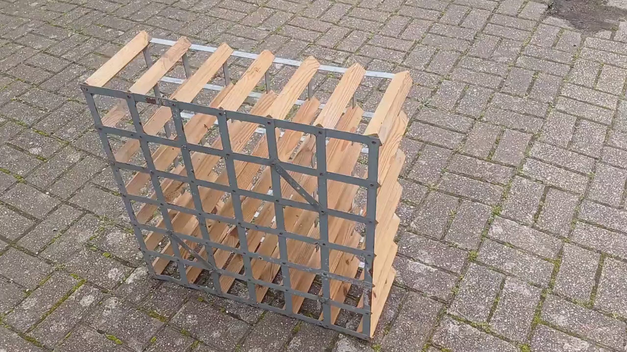 Large  Vintage 70s Pine and Zinc Wine Rack Up to 43 Bottles