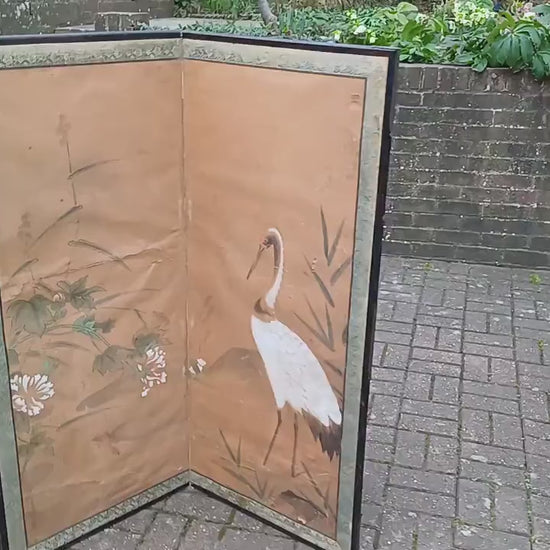 Stunning Age Worn Hand Painted Victorian Vintage Folding Screen Stork or Heron.