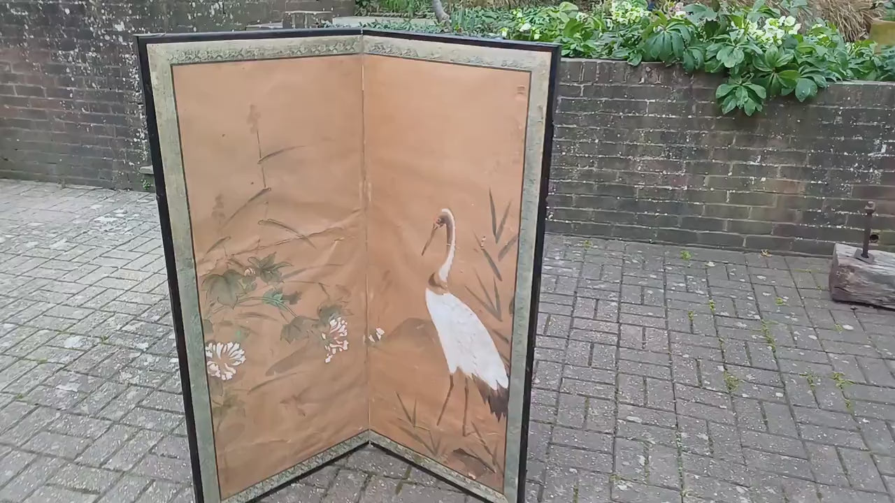 Stunning Age Worn Hand Painted Victorian Vintage Folding Screen Stork or Heron.