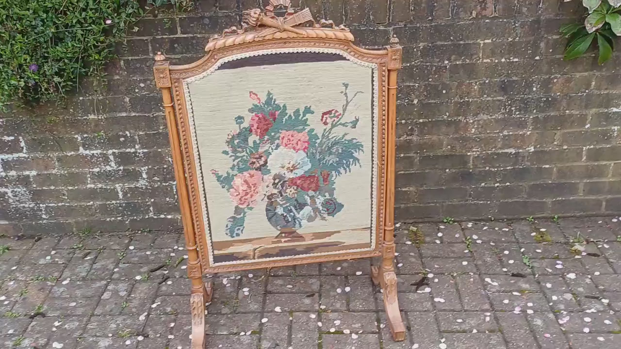 Vintage French Fruit Wood Quality Fire Screen Guard Still Life Tapestry Decoration.