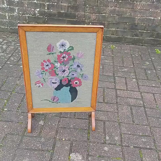 Vintage Solid Oak Fire Screen Guard with Still Life Tapestry Decoration.