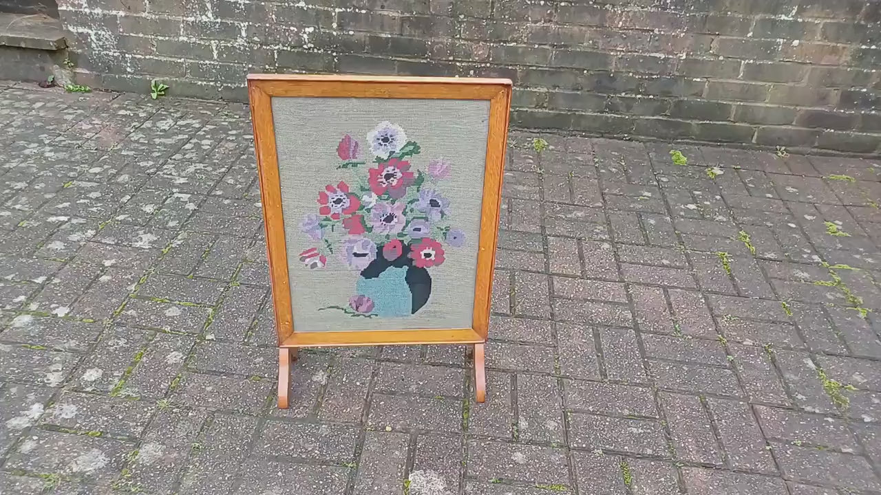 Vintage Solid Oak Fire Screen Guard with Still Life Tapestry Decoration.