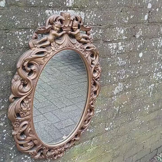 Stunning Gold 70s Vintage Ornate Gold Decorative Wall Mirror Cherub and Floral Decoration
