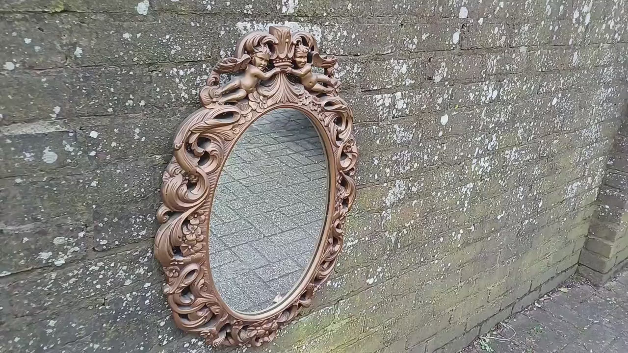 Stunning Gold 70s Vintage Ornate Gold Decorative Wall Mirror Cherub and Floral Decoration
