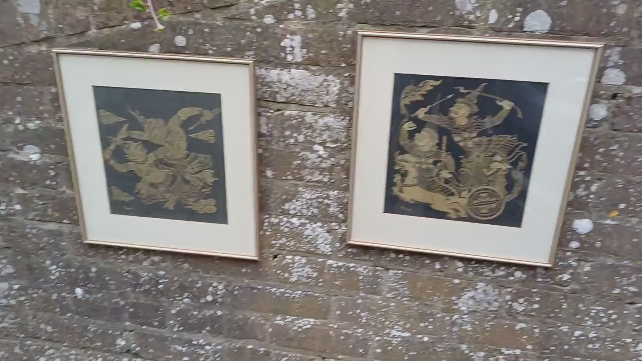 Pair of Oriental Warriors Print on Silk with Gold Frames. Chana.