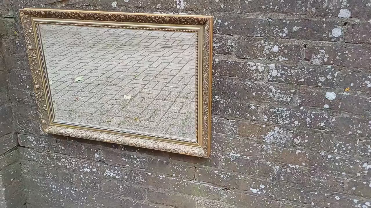 Huge Vintage Quality 80s Gold Gilt Wall Mirror Dark Highlights Wooden Frame Moulded Decoration