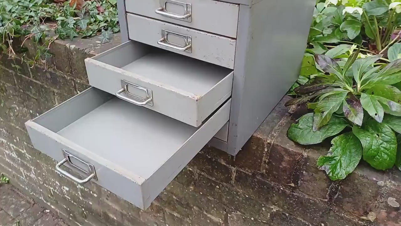 Retro Vintage Flight of Metal Drawers Storage Tools Artisan Desk Surface.