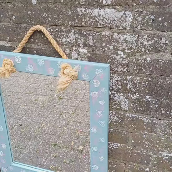 Large Bespoke Hand Painted Mirror with Rope for Hanging. Pink White and Blue