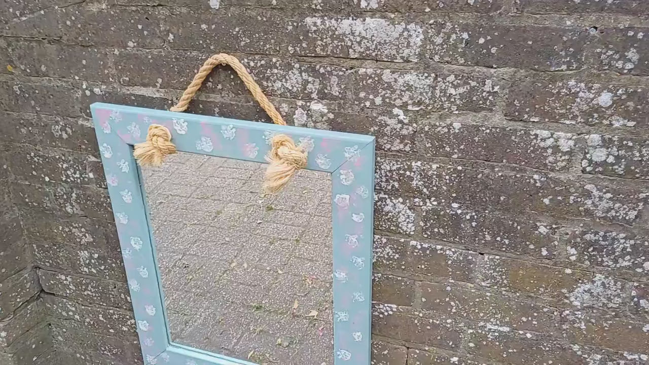 Large Bespoke Hand Painted Mirror with Rope for Hanging. Pink White and Blue
