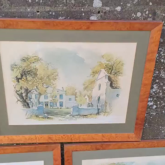 Three Huge Walnut Frames with John Cullingworth Vintage South Africa Watercolour Prints Country Houses including Mounts 67 X 58 cm
