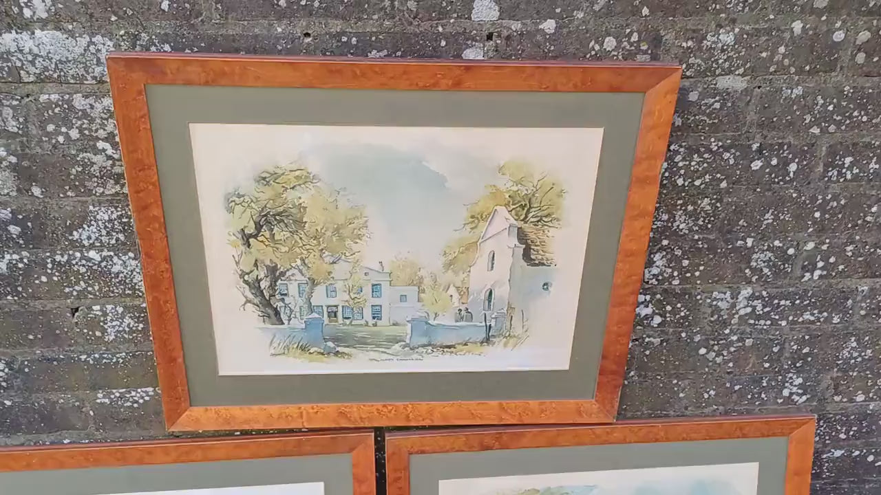 Three Huge Walnut Frames with John Cullingworth Vintage South Africa Watercolour Prints Country Houses including Mounts 67 X 58 cm