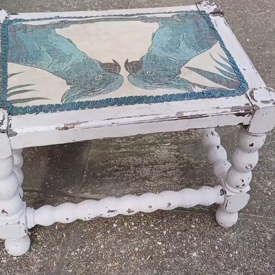 Vintage Painted Shabby Chic White Stool with Parrot Decoration Motif