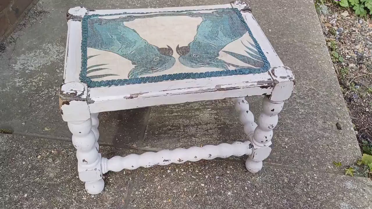 Vintage Painted Shabby Chic White Stool with Parrot Decoration Motif