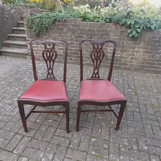 Pair of Vintage Late Victorian Carved Mahogany Chairs Red Leatherette Seats.