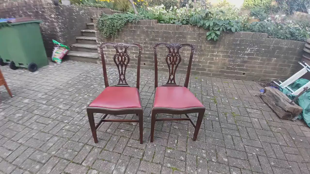 Pair of Vintage Late Victorian Carved Mahogany Chairs Red Leatherette Seats.
