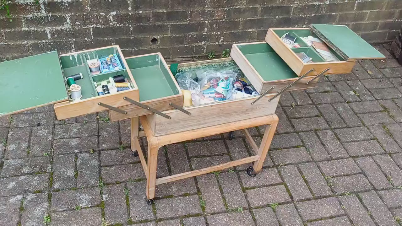 Vintage Retro Hand Stripped Mid 20th Century Beech Expanding Workbox Needlepoint Needlework Storage.