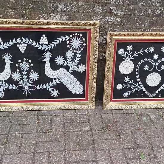 Superb Rare and Quirky Large Pair Possibly Indian Asian Peacock Bird of Paradise and Lover's Craft Fabric Collage in Gold Wooden Frames