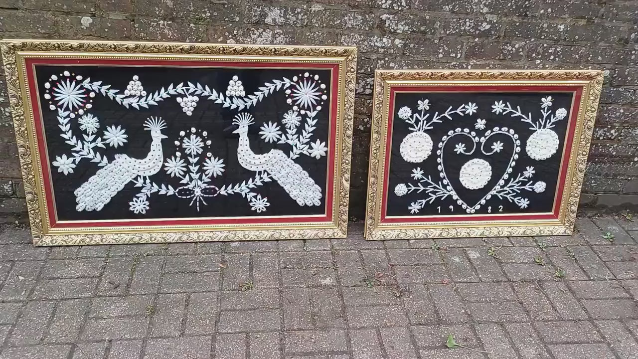Superb Rare and Quirky Large Pair Possibly Indian Asian Peacock Bird of Paradise and Lover's Craft Fabric Collage in Gold Wooden Frames