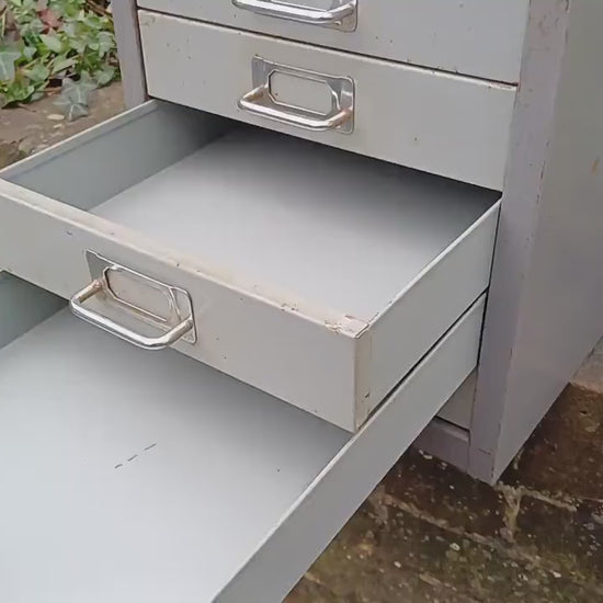 Retro Vintage Flight of Metal Drawers Storage Tools Artisan Desk Surface.