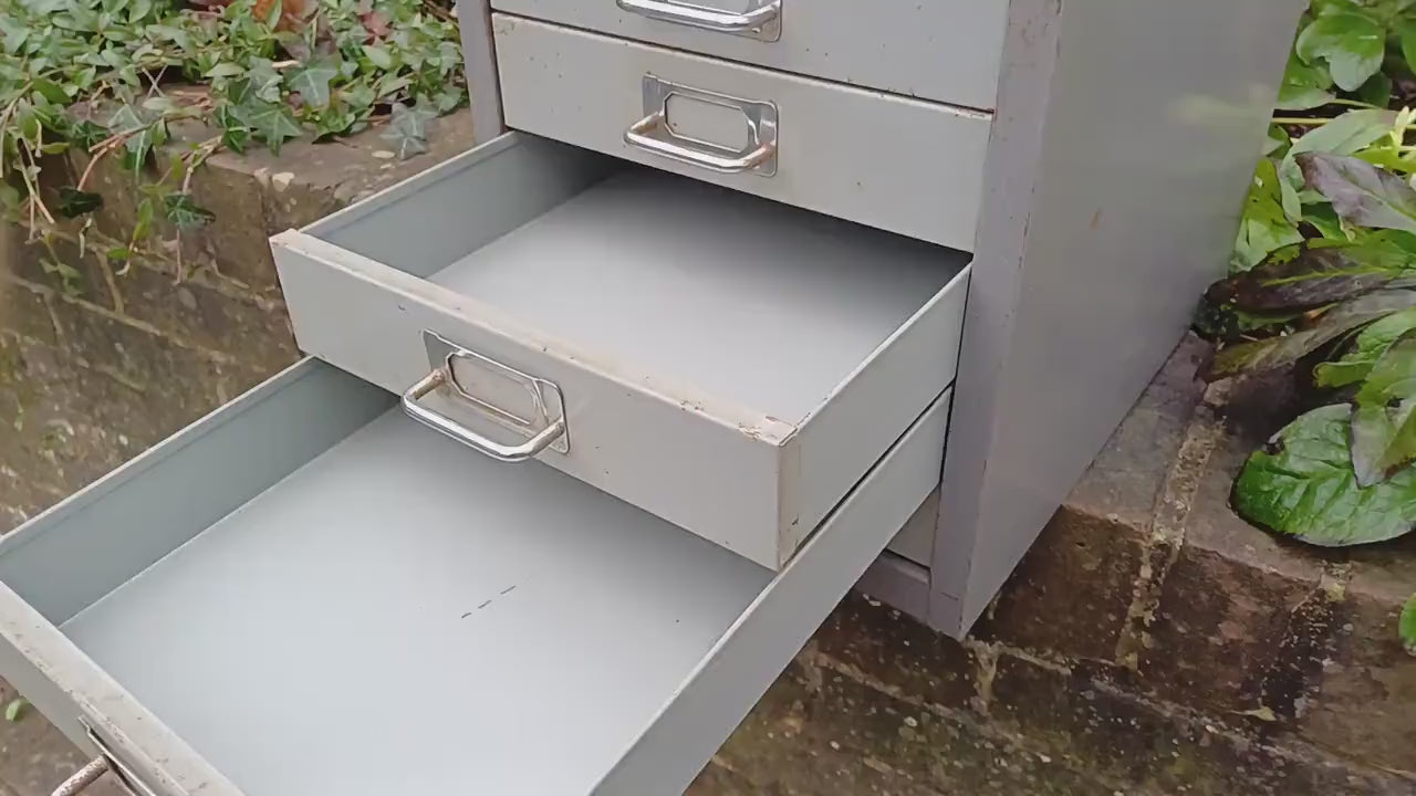 Retro Vintage Flight of Metal Drawers Storage Tools Artisan Desk Surface.