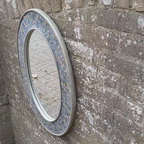 Vintage 80s Oval Bespoke Mosaic Mirror Sea and Sand Hues