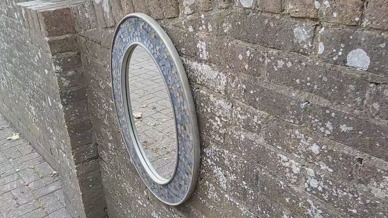 Vintage 80s Oval Bespoke Mosaic Mirror Sea and Sand Hues