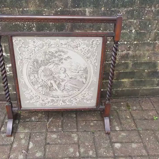 Vintage Oak Embroidered Print Fire Screen Barley Twist Supports