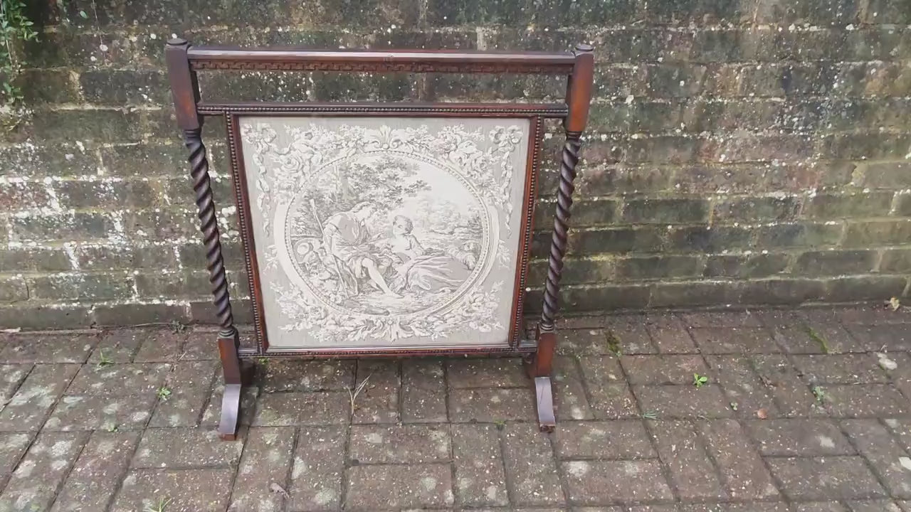 Vintage Oak Embroidered Print Fire Screen Barley Twist Supports