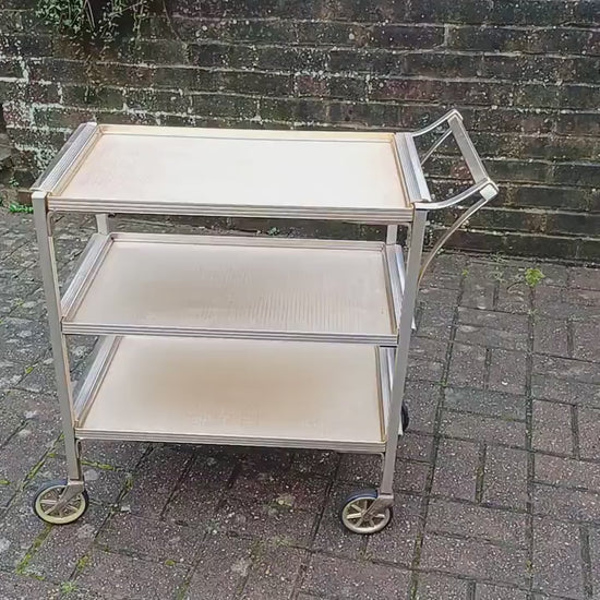 Vintage Retro 50s or 60s Metal Serving Drinks Trolley ‘Woodmet Product’ Metal Silver Gold Hues