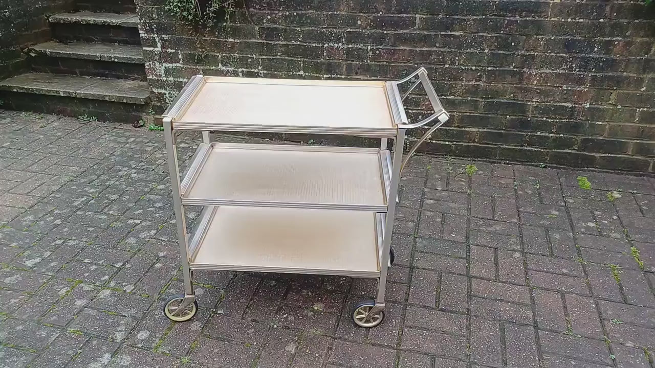 Vintage Retro 50s or 60s Metal Serving Drinks Trolley ‘Woodmet Product’ Metal Silver Gold Hues