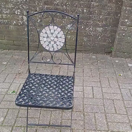 Vintage Folding Heavy Metal Folding Garden Chairs with Bespoke Mosaic Decoration and Lattice Seat.