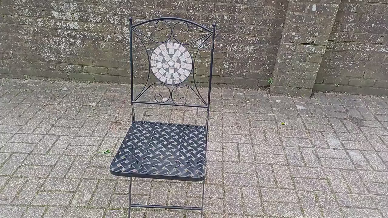 Vintage Folding Heavy Metal Folding Garden Chairs with Bespoke Mosaic Decoration and Lattice Seat.