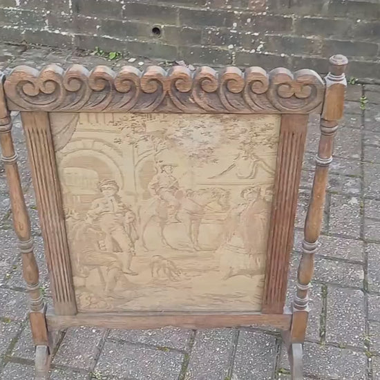 Superb Vintage Stripped Oak Tapestry Fire Screen