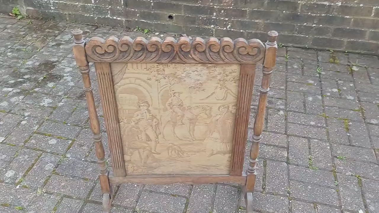 Superb Vintage Stripped Oak Tapestry Fire Screen